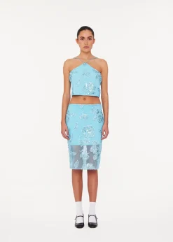 ROTATE by Birger Christensen Beaded Pencil Skirt Embellished Flower Embroidery - Blue Topaz Best