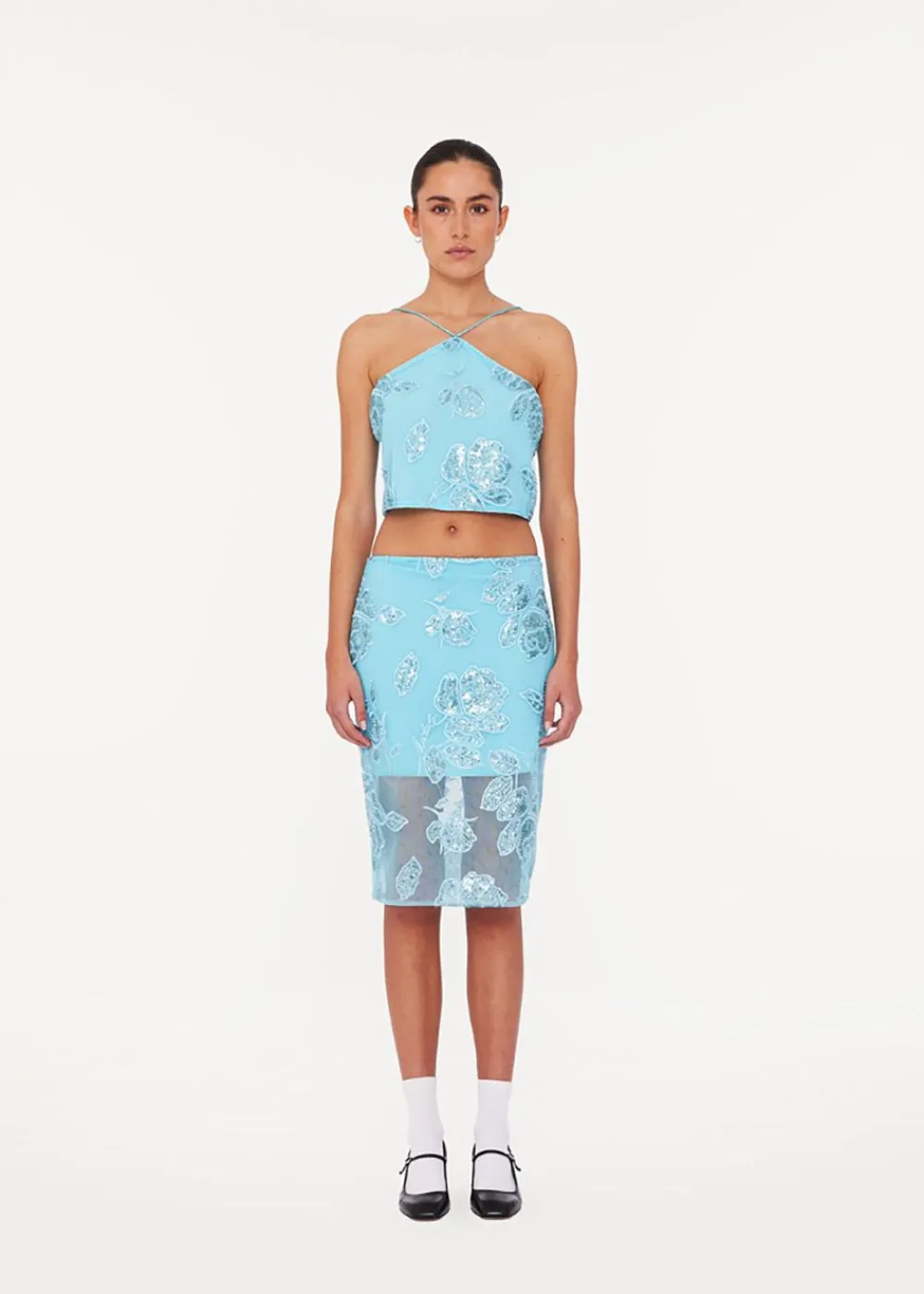 ROTATE by Birger Christensen Beaded Pencil Skirt Embellished Flower Embroidery - Blue Topaz Best