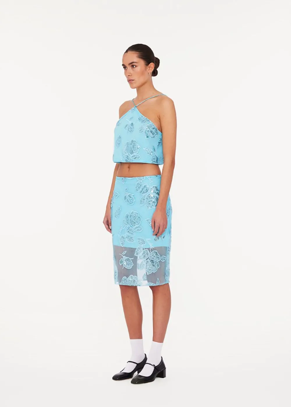 ROTATE by Birger Christensen Beaded Pencil Skirt Embellished Flower Embroidery - Blue Topaz Best