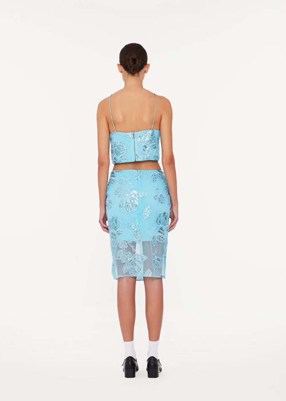 ROTATE by Birger Christensen Beaded Pencil Skirt Embellished Flower Embroidery - Blue Topaz Best
