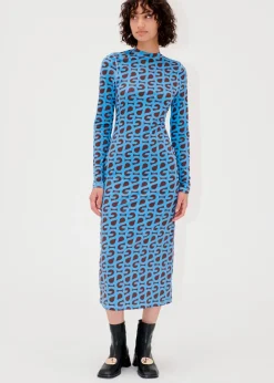 Stine Goya Pullover Long Sleeve Midi Dress Blue SG Logo Hot