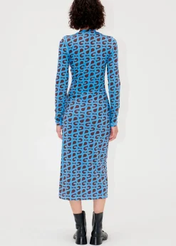Stine Goya Pullover Long Sleeve Midi Dress Blue SG Logo Hot