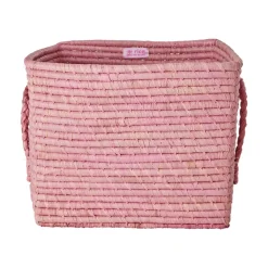 Rice Raffia Square Basket Soft Pink New