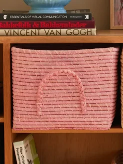 Rice Raffia Square Basket Soft Pink New