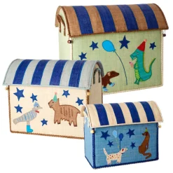 Rice Raffia Toy Baskets - Set Of 3 Blue Party Animal Theme Online