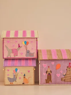 Rice Raffia Toy Baskets - Set Of 3 Pink Party Animal Theme Discount