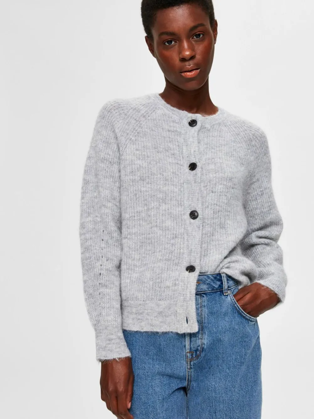 Selected Femme SLFLulu Knit Short Cardigan NOOS Light Grey Melange Clearance