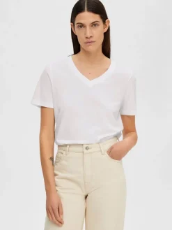 Selected Femme SLFMyessential SS V-neck Tee White Discount